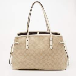 Pre Owned Coach Cream/Beige Signature Coated Canvas and Leather Drawstring Carryall Satchel