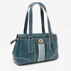 Pre Owned Coach Teal Signature Patent and Leather Hampton Tote