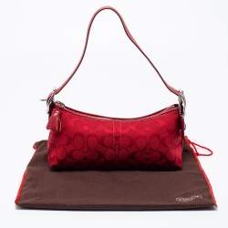 Coach Red Signature Canvas Leather East West Demi  Baguette Bag