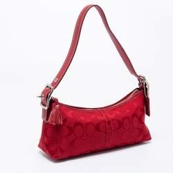 Coach Red Signature Canvas Leather East West Demi  Baguette Bag