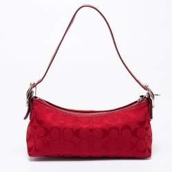 Coach Red Signature Canvas Leather East West Demi  Baguette Bag