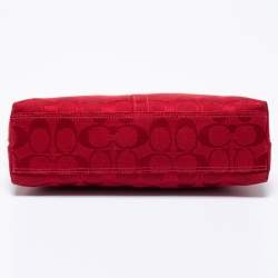 Coach Red Signature Canvas Leather East West Demi  Baguette Bag