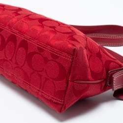 Coach Red Signature Canvas Leather East West Demi  Baguette Bag