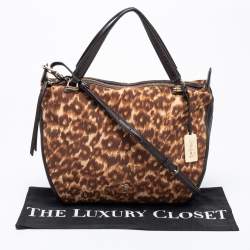 Pre Owned Coach Dark Brown/Beige Leopard Print Canvas and Leather Shoulder Bag
