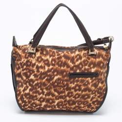 Pre Owned Coach Dark Brown/Beige Leopard Print Canvas and Leather Shoulder Bag