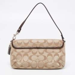 Coach Beige/Dark Brown Signature Canvas And Patent Leather Flap Baguette