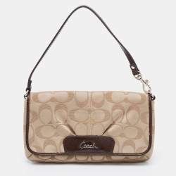 Coach Beige/Dark Brown Signature Canvas And Patent Leather Flap Baguette