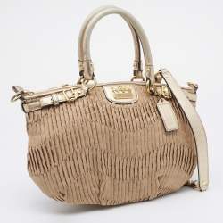 Pre Owned Coach Beige/Gold Signature Pleated Canvas and Leather Sophia Madison Satchel