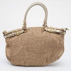 Pre Owned Coach Beige/Gold Signature Pleated Canvas and Leather Sophia Madison Satchel