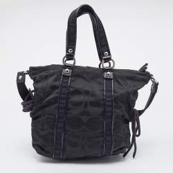 Pre Owned Coach Black Signature Fabric and Patent Leather Daisy Tote