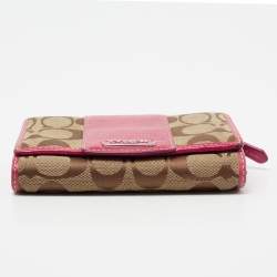 Coach Beige/Pink Signature Canvas And Leather Compact Wallet