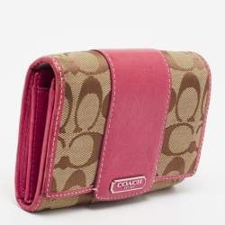 Coach Beige/Pink Signature Canvas And Leather Compact Wallet