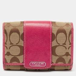 Coach Beige/Pink Signature Canvas And Leather Compact Wallet