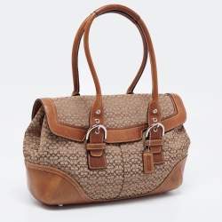 Pre Owned Coach Brown/Beige Signature Canvas and Leather Flap Buckle Satchel