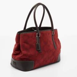 Pre Owned Coach Red/Brown Signature Wool And Leather Vintage Tote