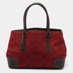 Pre Owned Coach Red/Brown Signature Wool And Leather Vintage Tote