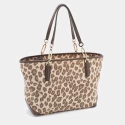 Pre Owned Coach Brown Ocelot Print Jacquard and Leather Madison East/West Tote