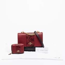 Pre Owned حقيبة كتف كوتش جلد نقش ثعبان وكانفاس شعار ماركة بني / أحمر قلاب كلار