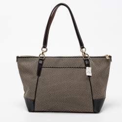 Pre Owned Coach Black/Beige Jacquard and Leather Ava Legacy Tote