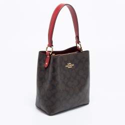Pre Owned Coach Brown/Red Signature Coated Canvas and Leather Small Town Bucket Bag