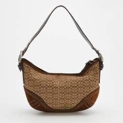 Pre Owned حقيبة هوبو كوتش سويدي وكانفاس بشعار ماركة بيج/بني