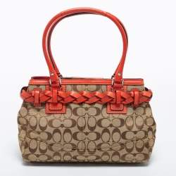 Pre Owned Coach Beige/Orange Signature Canvas and Leather Hampton Tote