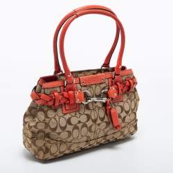 Pre Owned Coach Beige/Orange Signature Canvas and Leather Hampton Tote