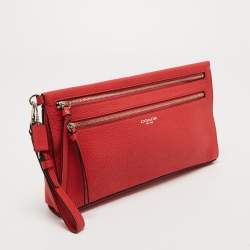 Pre Owned Coach Orange Leather Wristlet Clutch