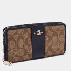 Pre Owned Coach Beige/Blue Signature Coated Canvas and Leather Accordion Zip Around Wallet