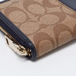 Pre Owned Coach Beige/Blue Signature Coated Canvas and Leather Accordion Zip Around Wallet