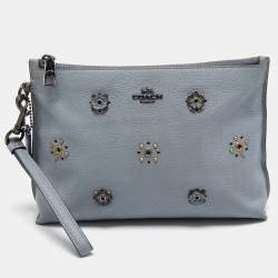 Pre Owned Coach Blue Leather Charlie Rivets Wristlet Pouch