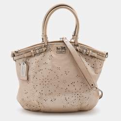Pre Owned Coach Metallic Beige Leather Floral Laser Cut Lindsey Satchel