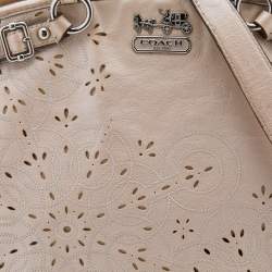 Pre Owned Coach Metallic Beige Leather Floral Laser Cut Lindsey Satchel