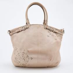 Pre Owned Coach Metallic Beige Leather Floral Laser Cut Lindsey Satchel