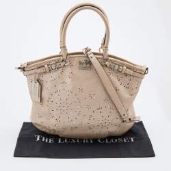 Pre Owned Coach Metallic Beige Leather Floral Laser Cut Lindsey Satchel