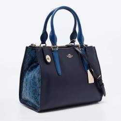 Pre Owned Coach Two Tone Blue Python Embossed and Leather Carryall Tote