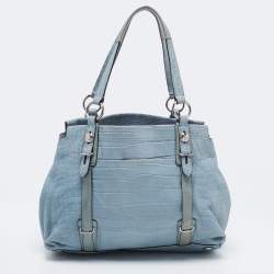 Pre Owned Coach Blue Croc Embossed Leather Carryall Mia Satchel