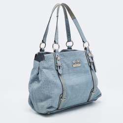 Pre Owned Coach Blue Croc Embossed Leather Carryall Mia Satchel