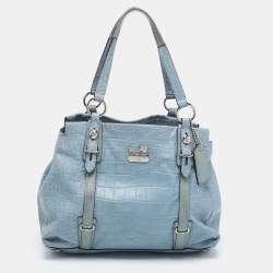 Pre Owned Coach Blue Croc Embossed Leather Carryall Mia Satchel