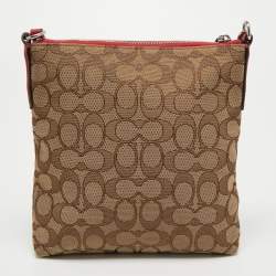 Pre Owned Coach Beige/Red Signature Jacquard and Leather Swingpack Crossbody Bag