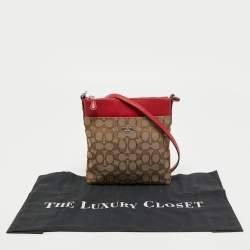 Pre Owned Coach Beige/Red Signature Jacquard and Leather Swingpack Crossbody Bag