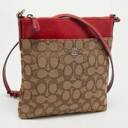 Pre Owned Coach Beige/Red Signature Jacquard and Leather Swingpack Crossbody Bag