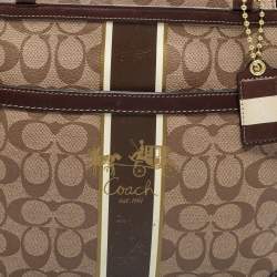 Pre Owned Coach Beige/Brown Signature Coated Canvas and Leather Heritage Stripe Tote