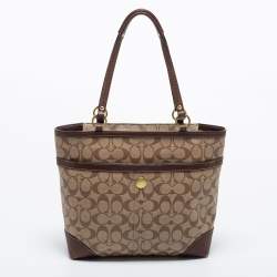 Pre Owned Coach Beige/Brown Signature Coated Canvas and Leather Heritage Stripe Tote