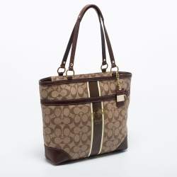 Pre Owned Coach Beige/Brown Signature Coated Canvas and Leather Heritage Stripe Tote