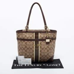 Pre Owned Coach Beige/Brown Signature Coated Canvas and Leather Heritage Stripe Tote