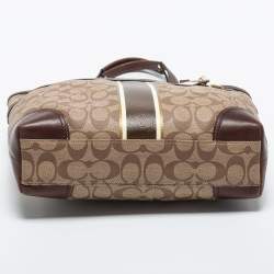 Pre Owned Coach Beige/Brown Signature Coated Canvas and Leather Heritage Stripe Tote