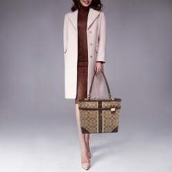 Pre Owned Coach Beige/Brown Signature Coated Canvas and Leather Heritage Stripe Tote