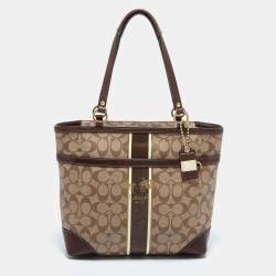 Pre Owned Coach Beige/Brown Signature Coated Canvas and Leather Heritage Stripe Tote