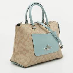 Pre Owned Coach Beige/Blue Coated Canvas and Leather Emma Satchel